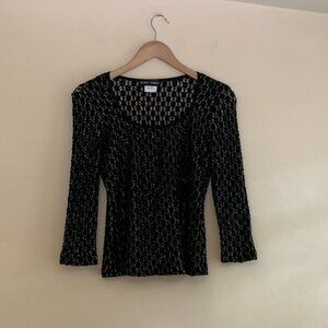 VTG 90s Black and Gold Textured Scoop Neck Blouse Size M 3/4 Length Sleeves